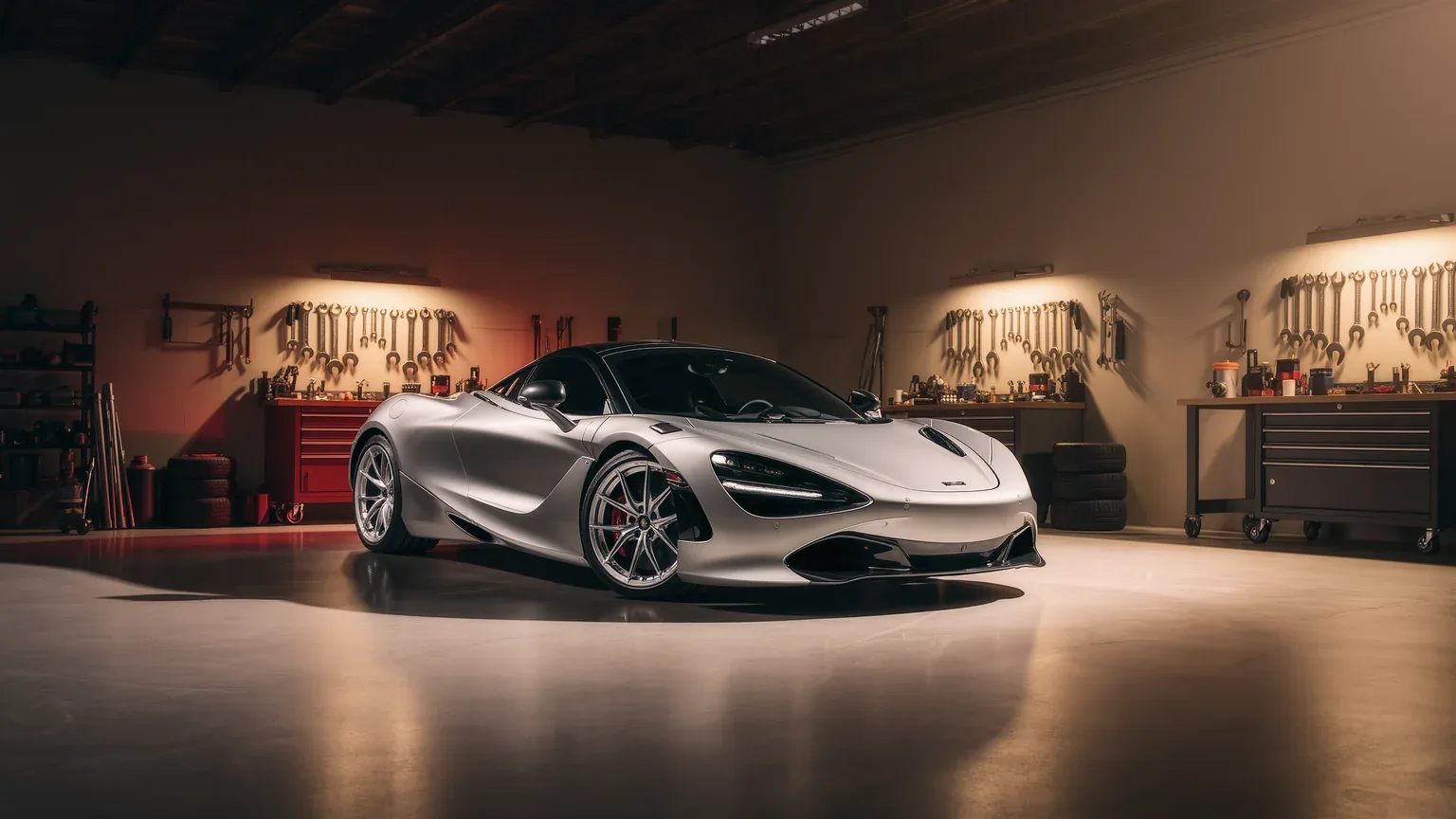 A silver supercar parked in a warmly lit workshop with tool boards along the walls