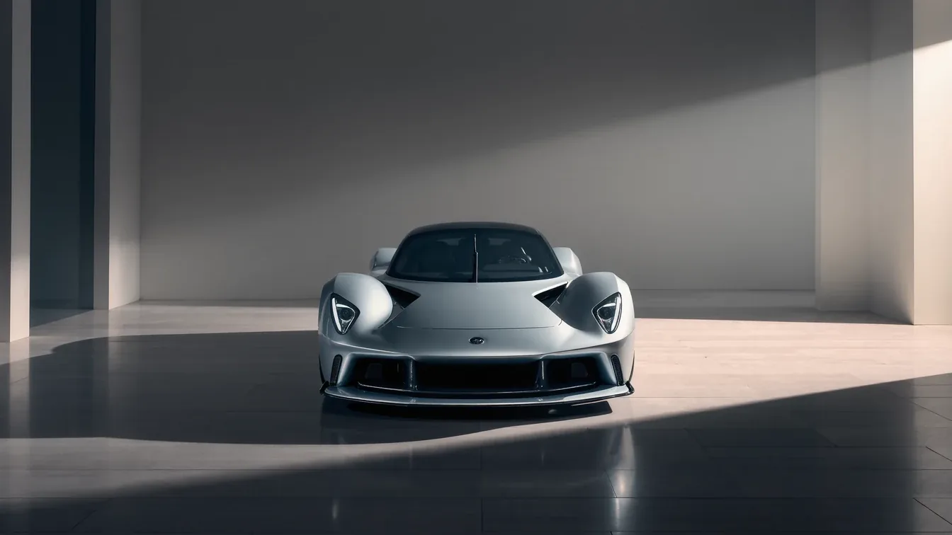 A silver supercar alone in a bright empty hall under soft even light