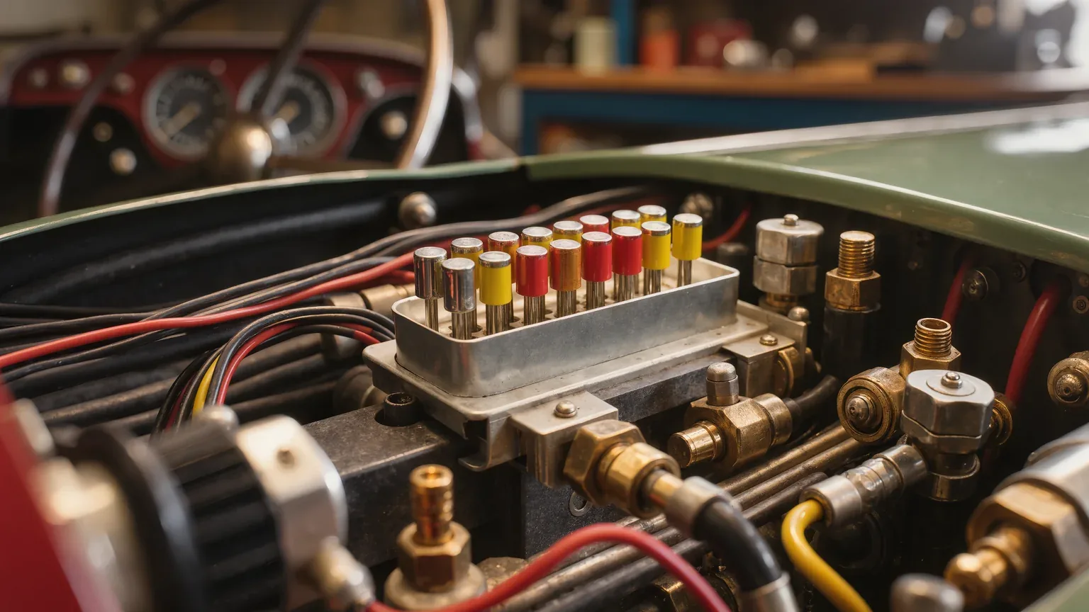Close view of a classic car engine bay showing a fuse block and coloured wiring