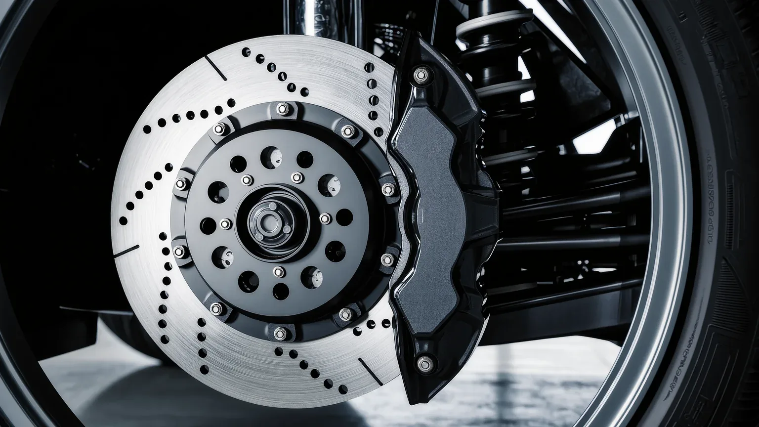 A drilled brake disc and caliper seen through the spokes of a wheel