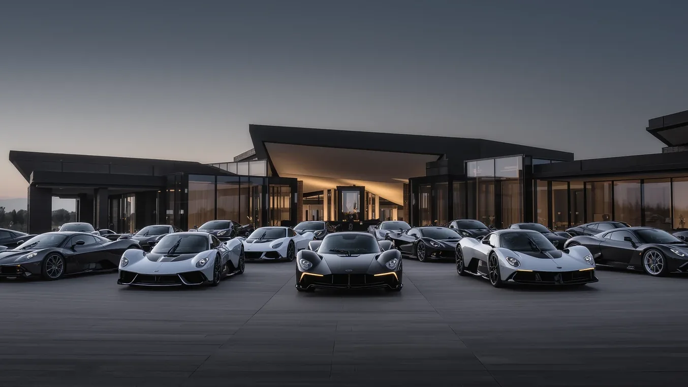Rows of supercars parked outside a lit storage building at dusk