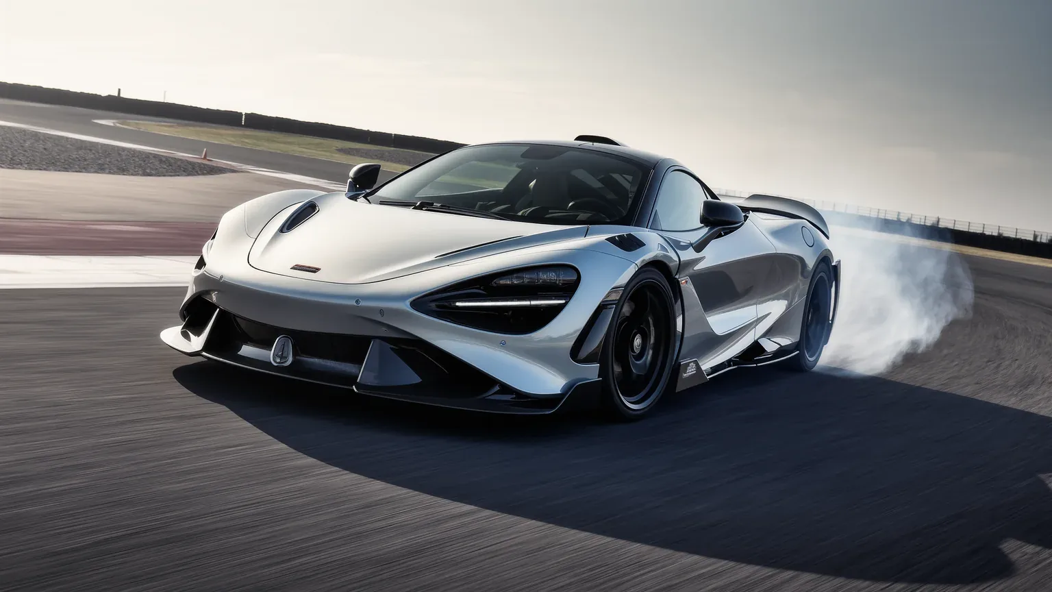 A supercar sliding through a corner with tyre smoke behind it