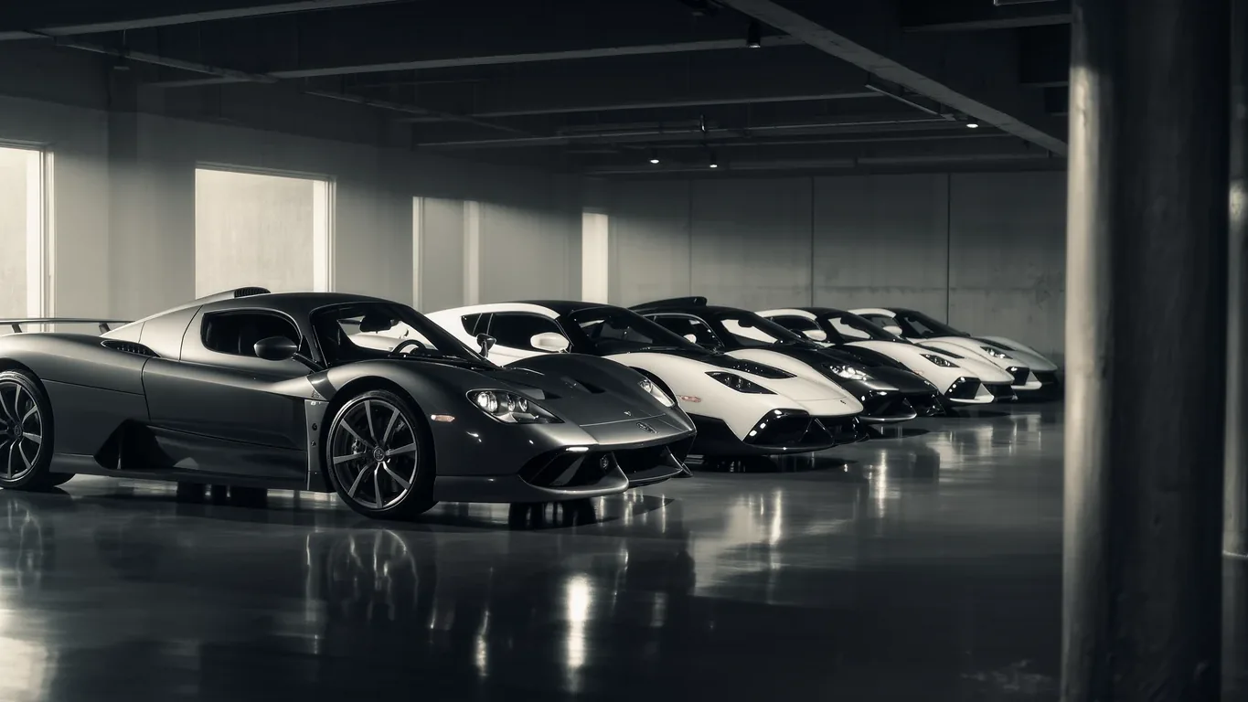 A line of supercars parked side by side in a dark hall
