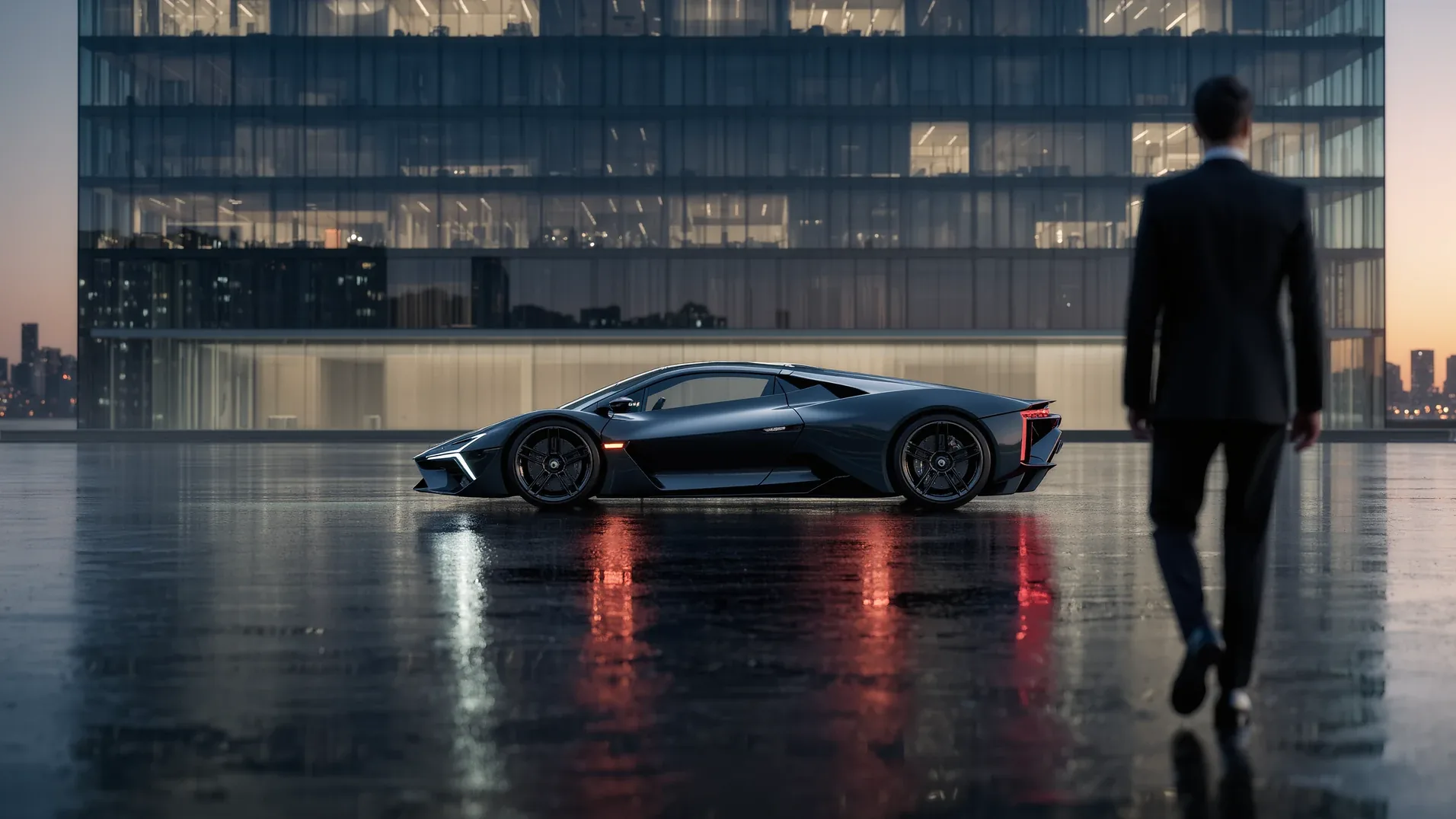 A man in a suit walking towards a supercar parked in front of office towers