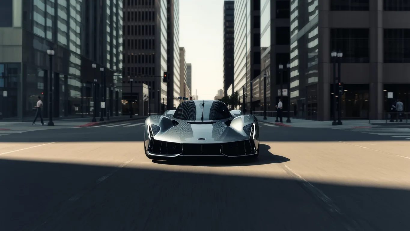 A supercar standing in an empty city street between tall buildings