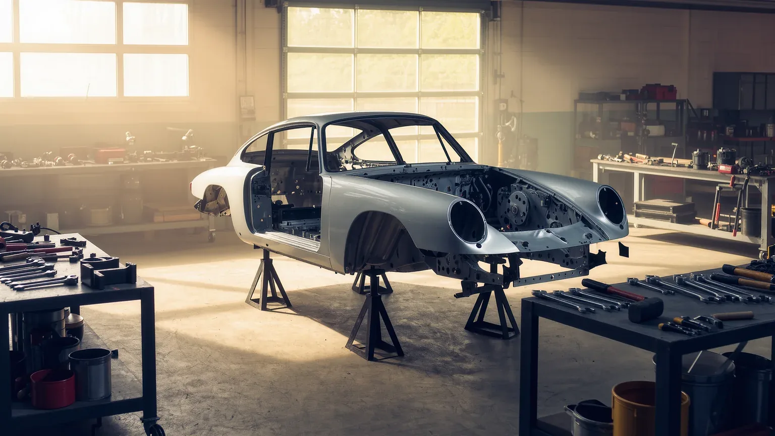 A bare car body on axle stands in a workshop with tools laid out around it