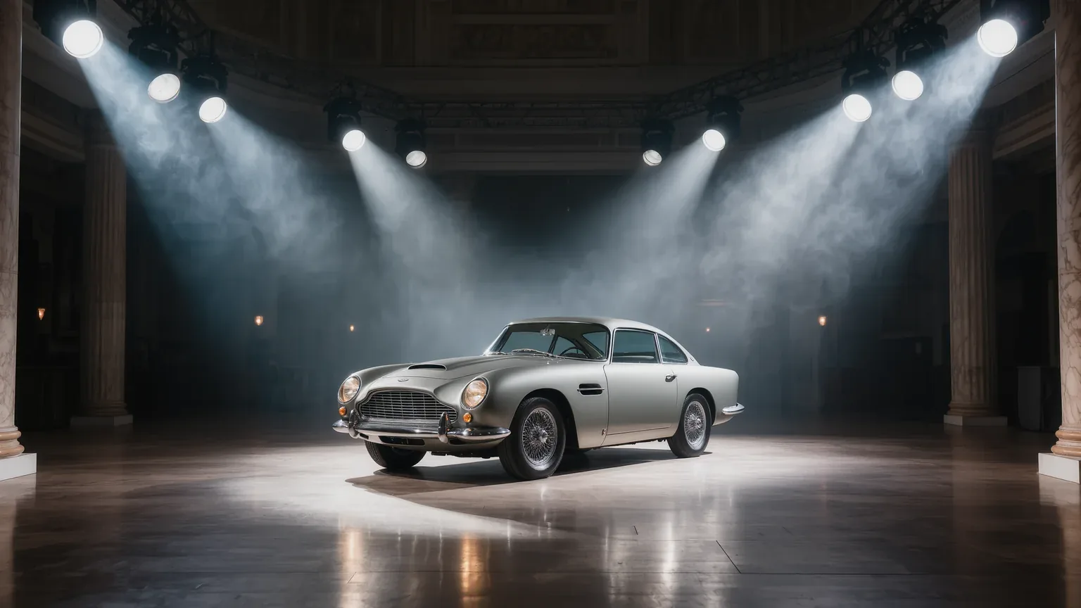 A classic car under spotlights on an auction stage