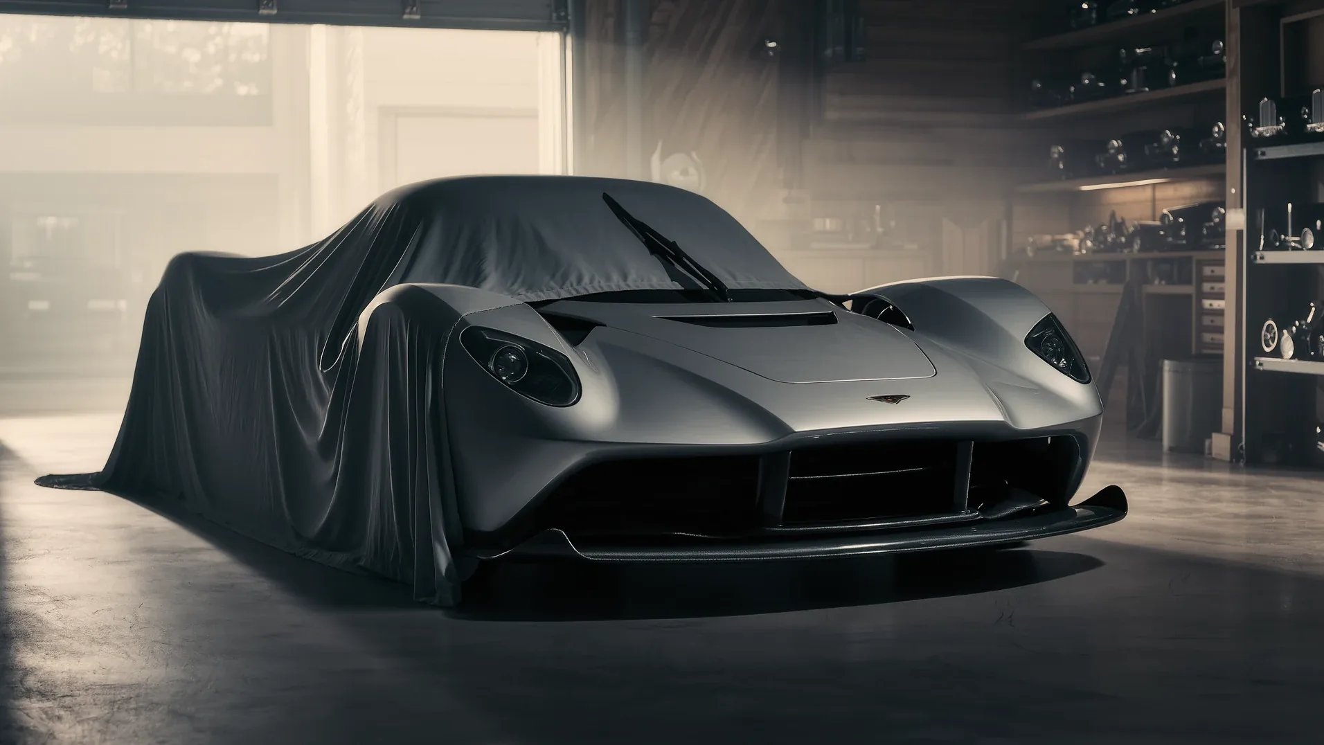 A supercar under a fitted cover in a dim workshop