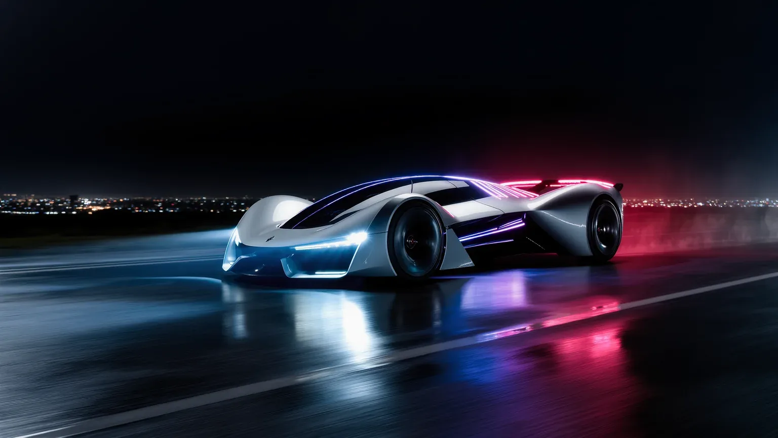 An electric sports car at night lit by coloured city lights