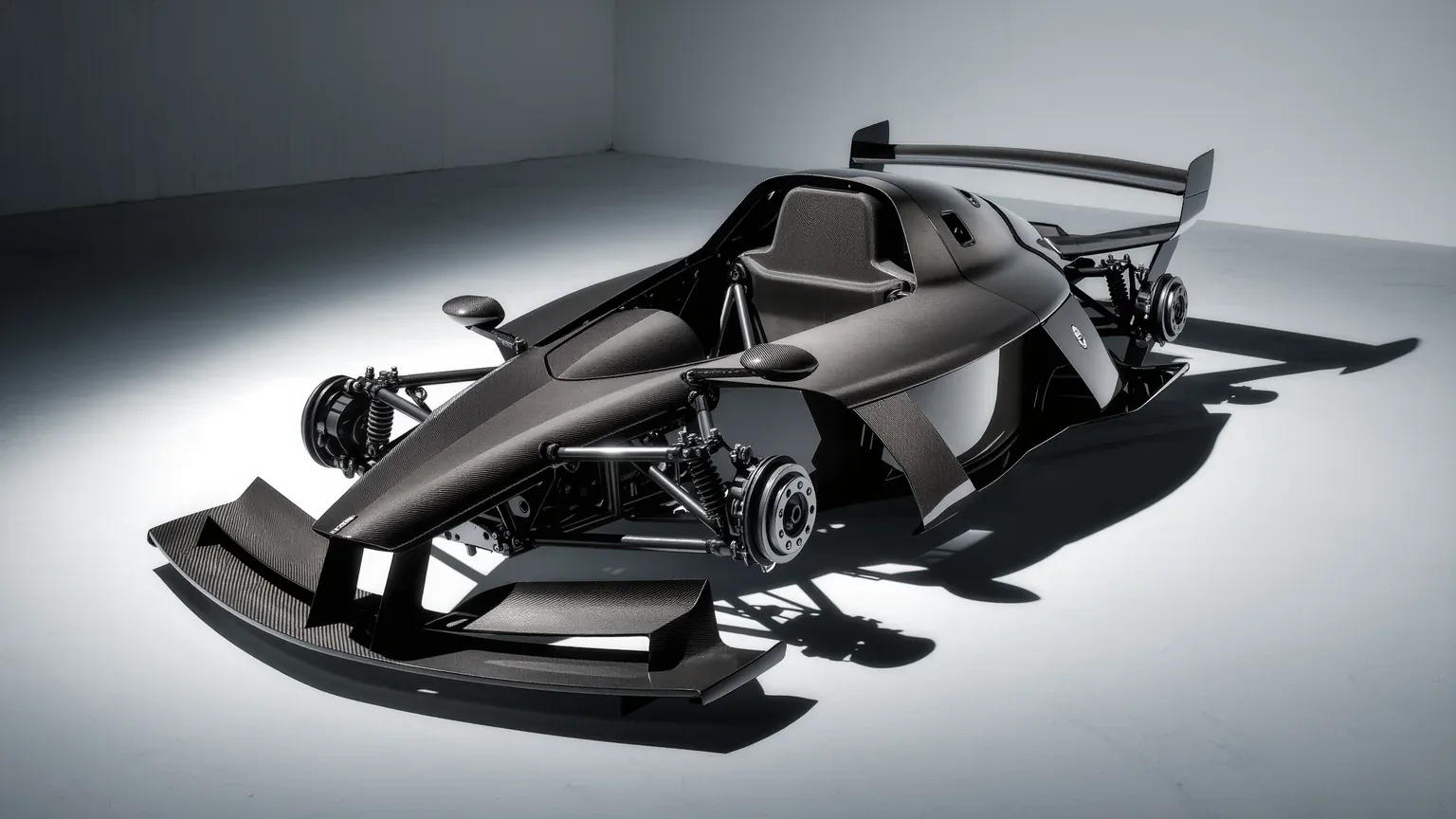 A bare chassis with suspension and driveline exposed, no bodywork fitted