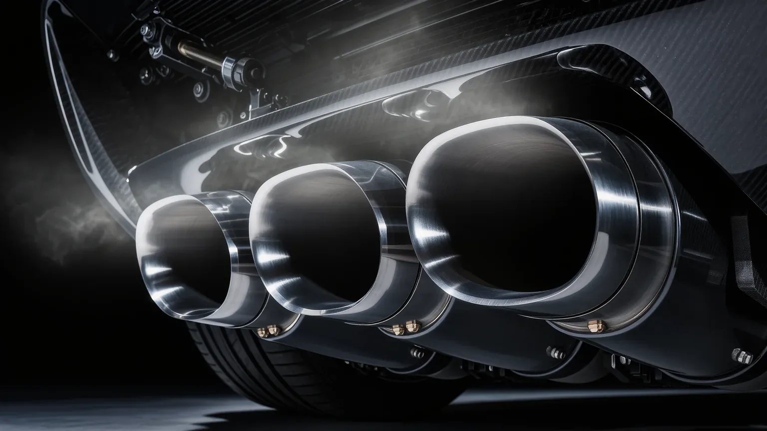 Close view of four exhaust tailpipes under a rear diffuser