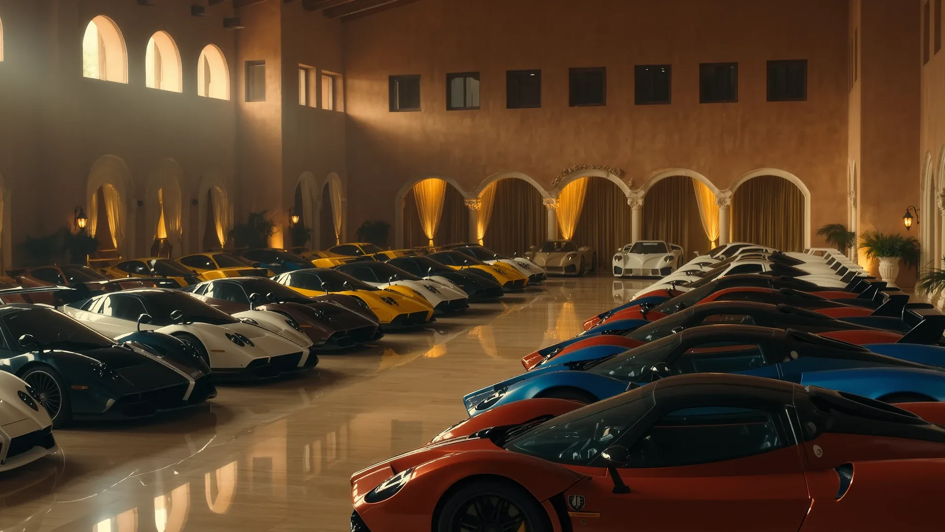 A large collection of supercars parked under the arches of a vaulted hall