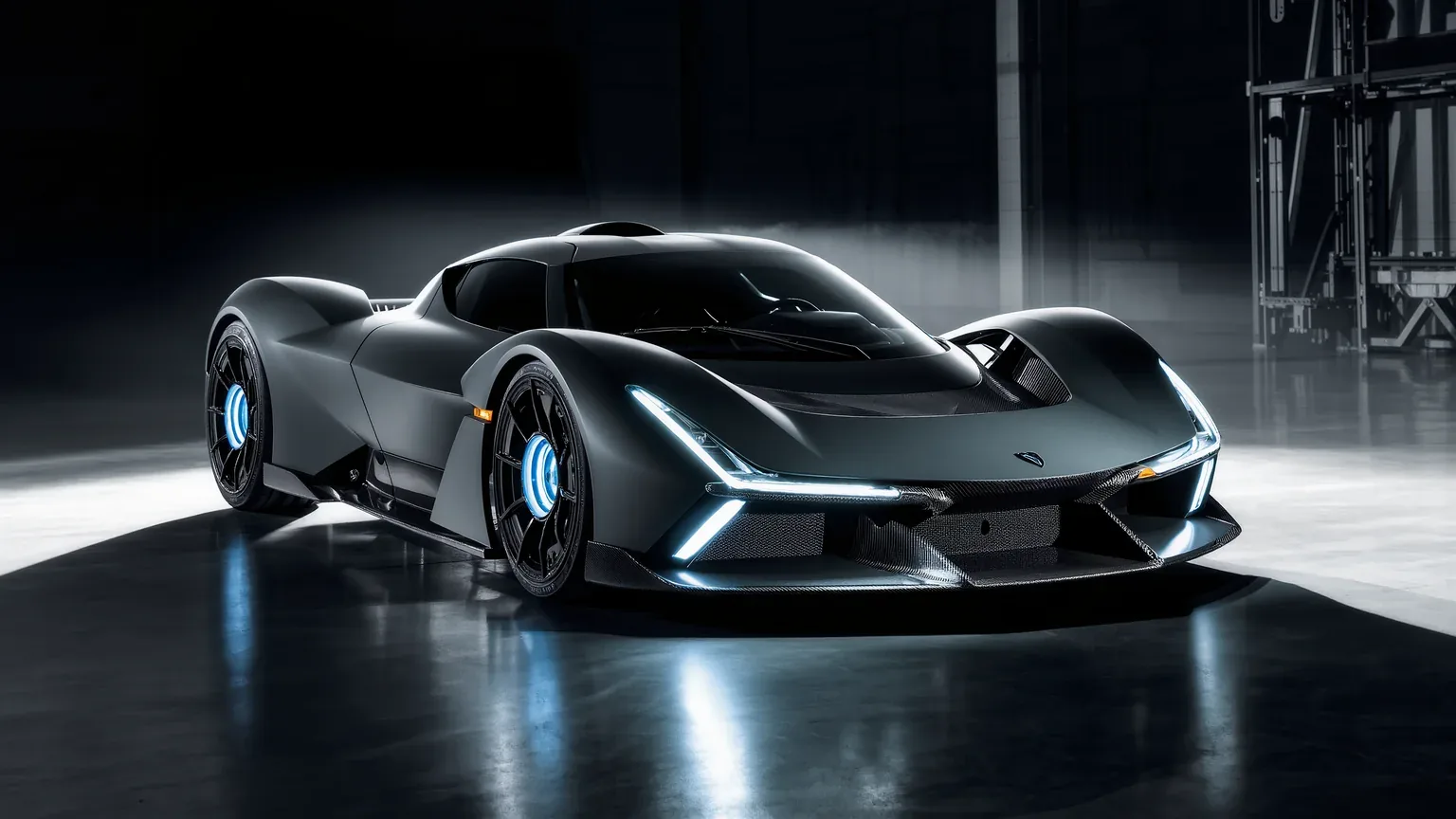 An electric hypercar with blue illuminated details in a dark studio
