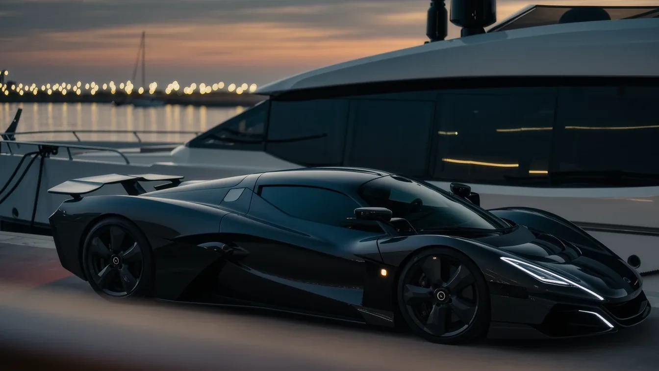 A dark supercar parked on a quayside beside a moored yacht