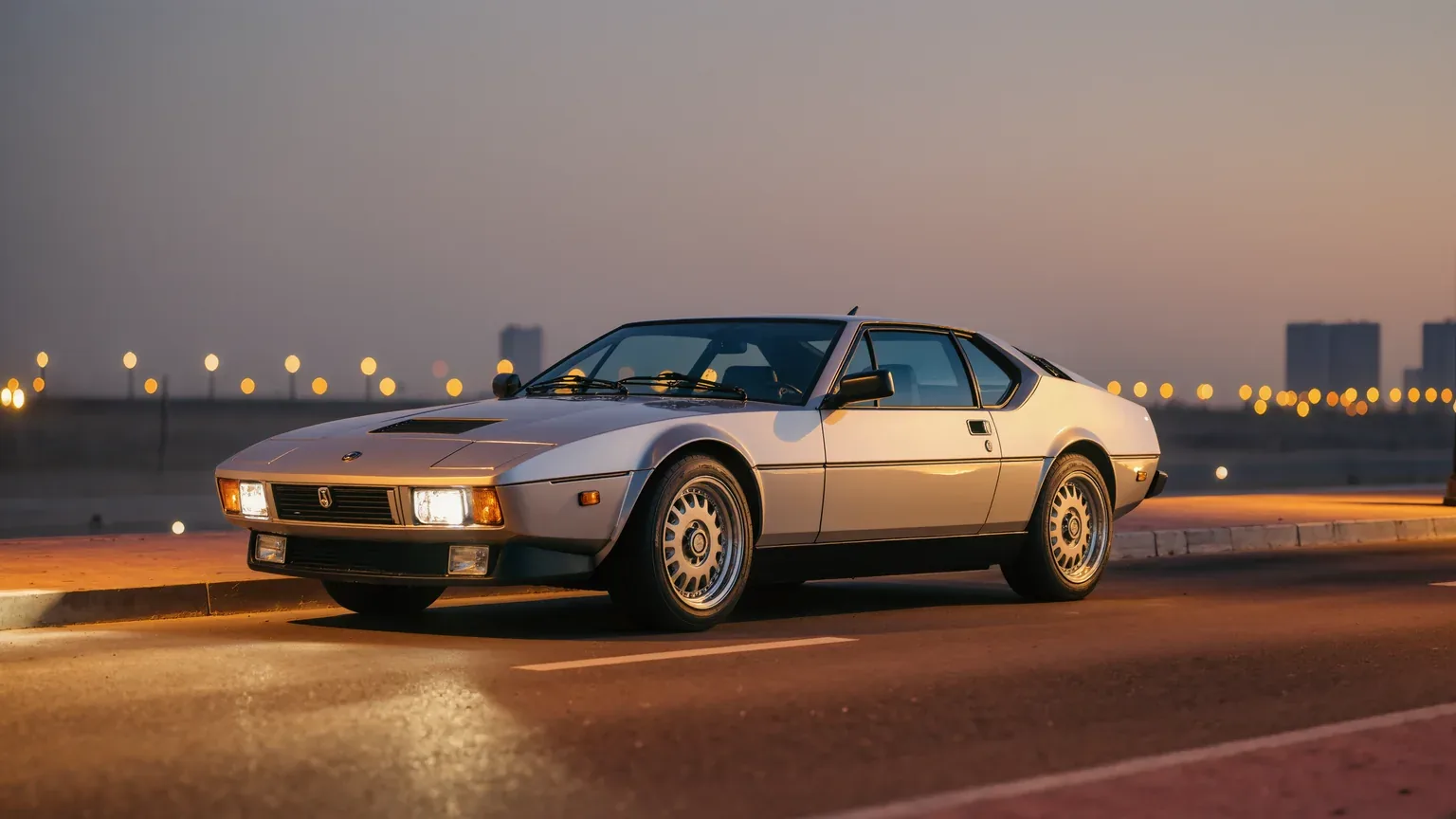 A wedge shaped sports car of the nineteen eighties photographed at dusk