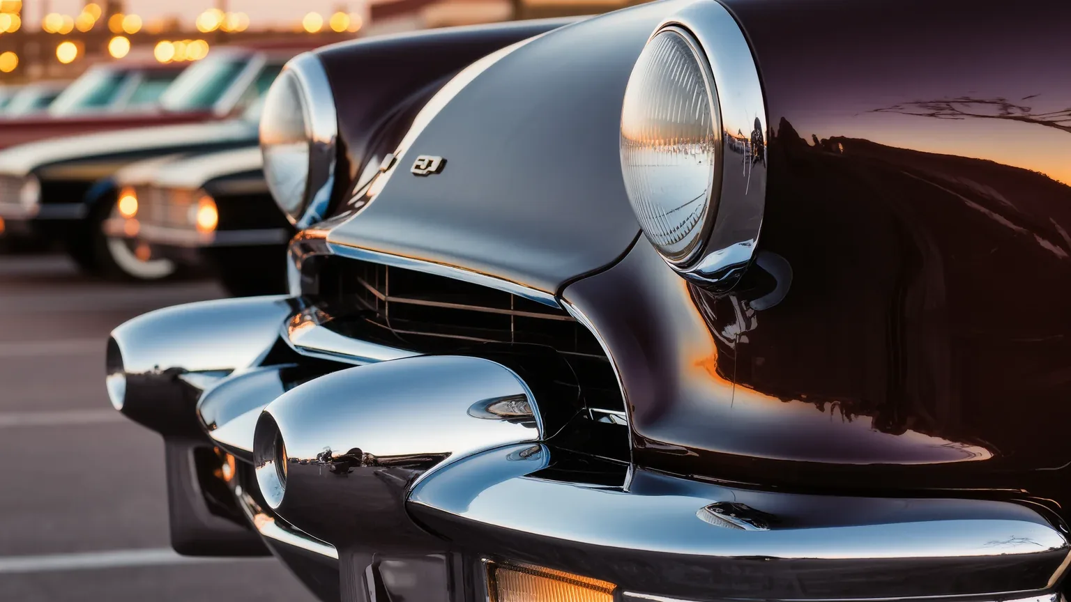 Close view of the chromed front end and headlamp of a classic car