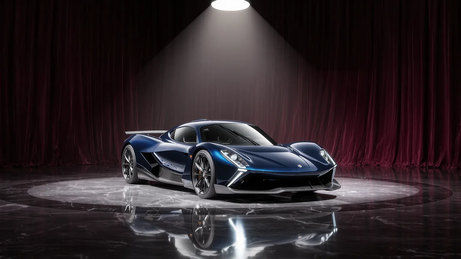 A blue supercar on a turntable in front of a red curtain