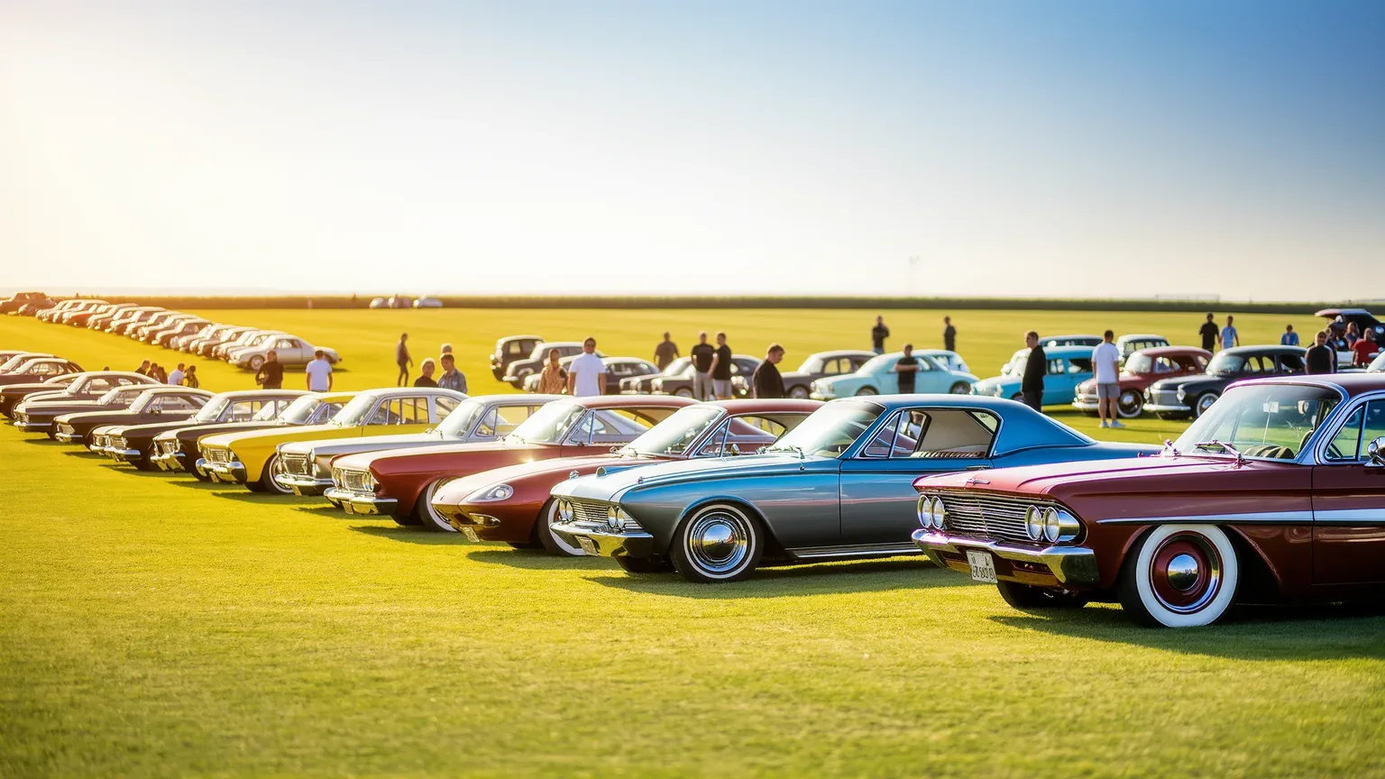 A line of classic cars on a grass field at a gathering