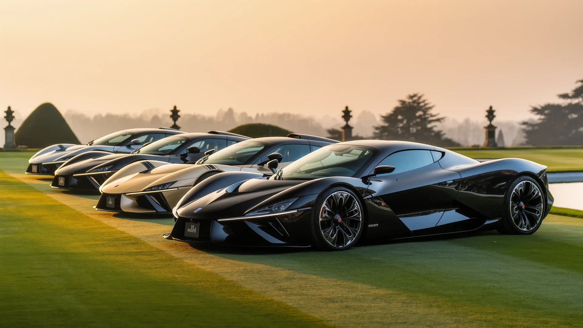 A row of dark hypercars parked on a lawn in front of a country house