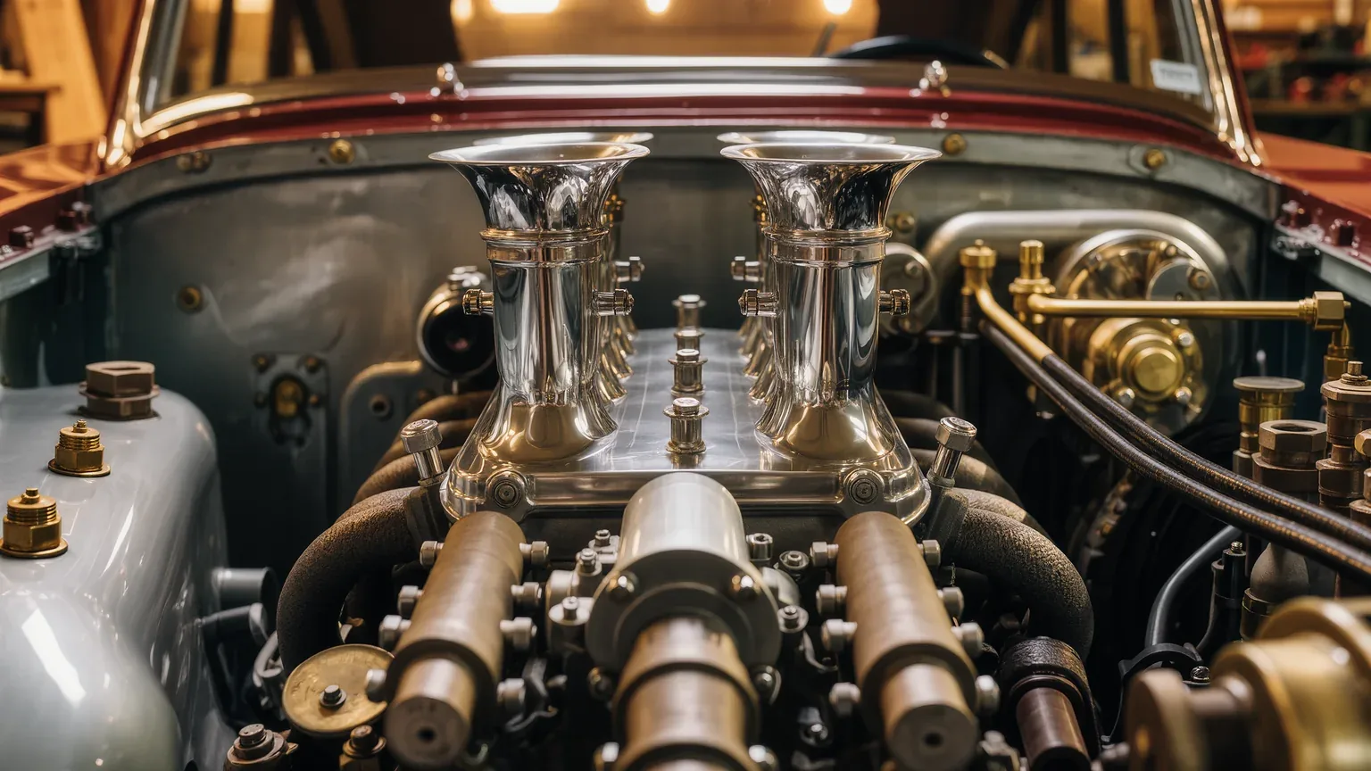 Close view of an engine with intake trumpets and fuel lines