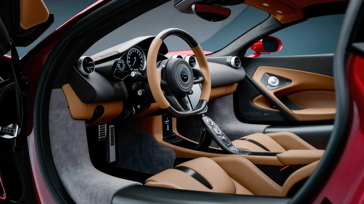 A supercar cockpit showing the steering wheel and instrument display