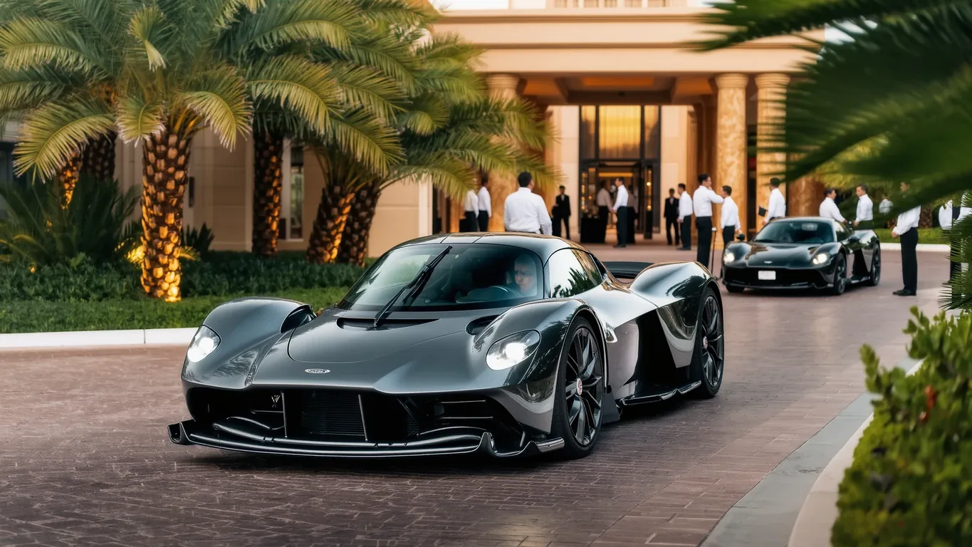 A supercar at a hotel entrance lined with palm trees
