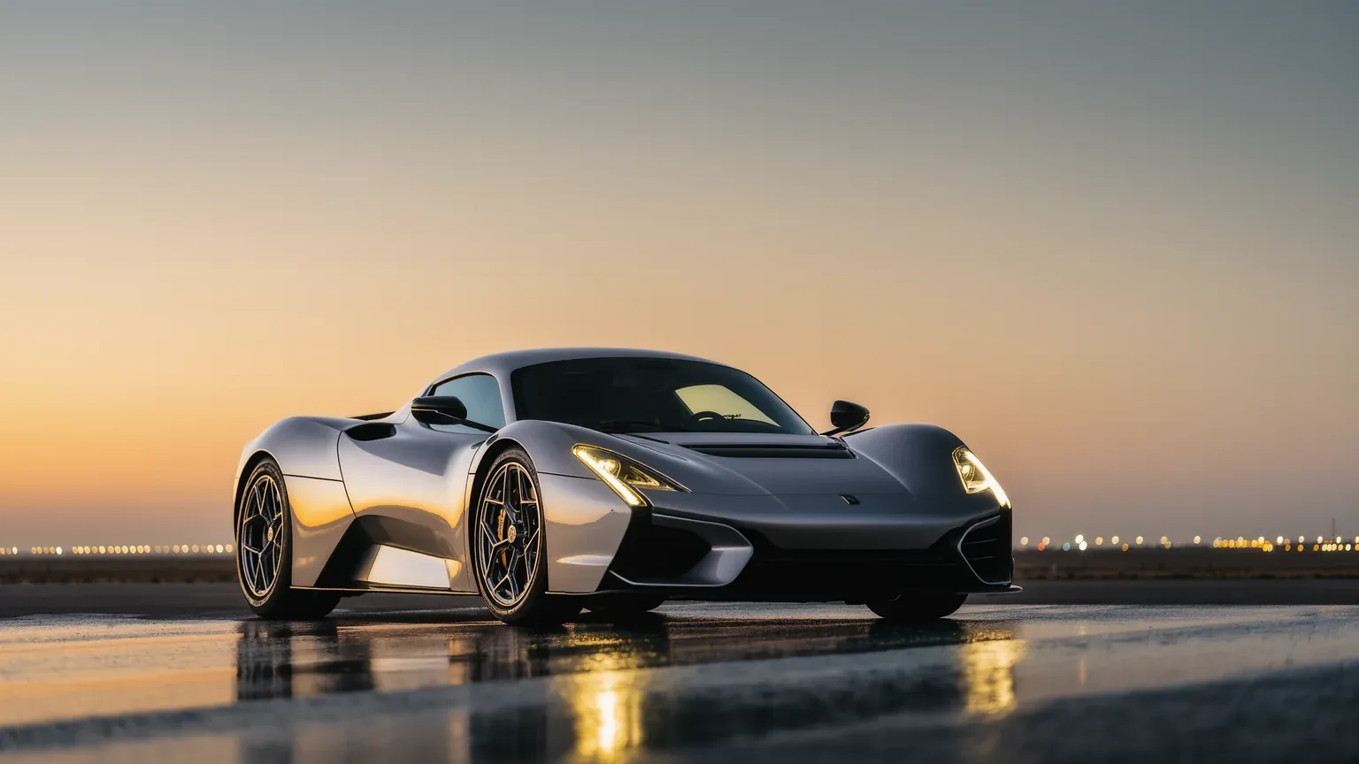 A silver supercar photographed against a low sun on a wet surface