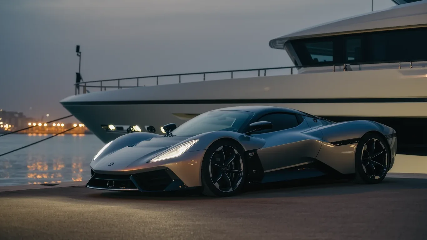 A supercar parked on a quay in front of a large yacht