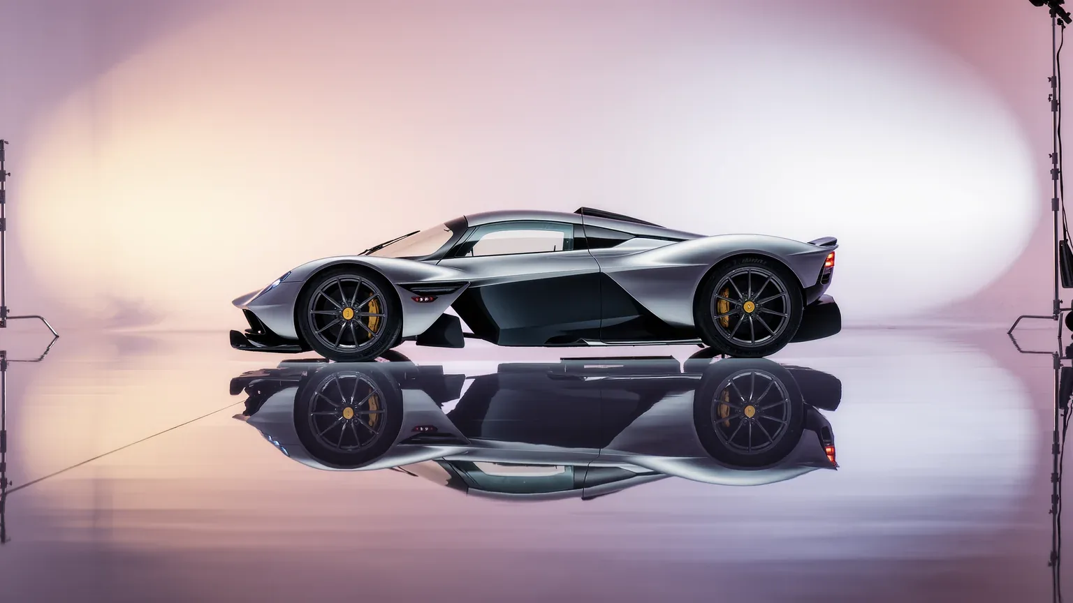 A supercar on a mirrored floor with bright reflections across its paint