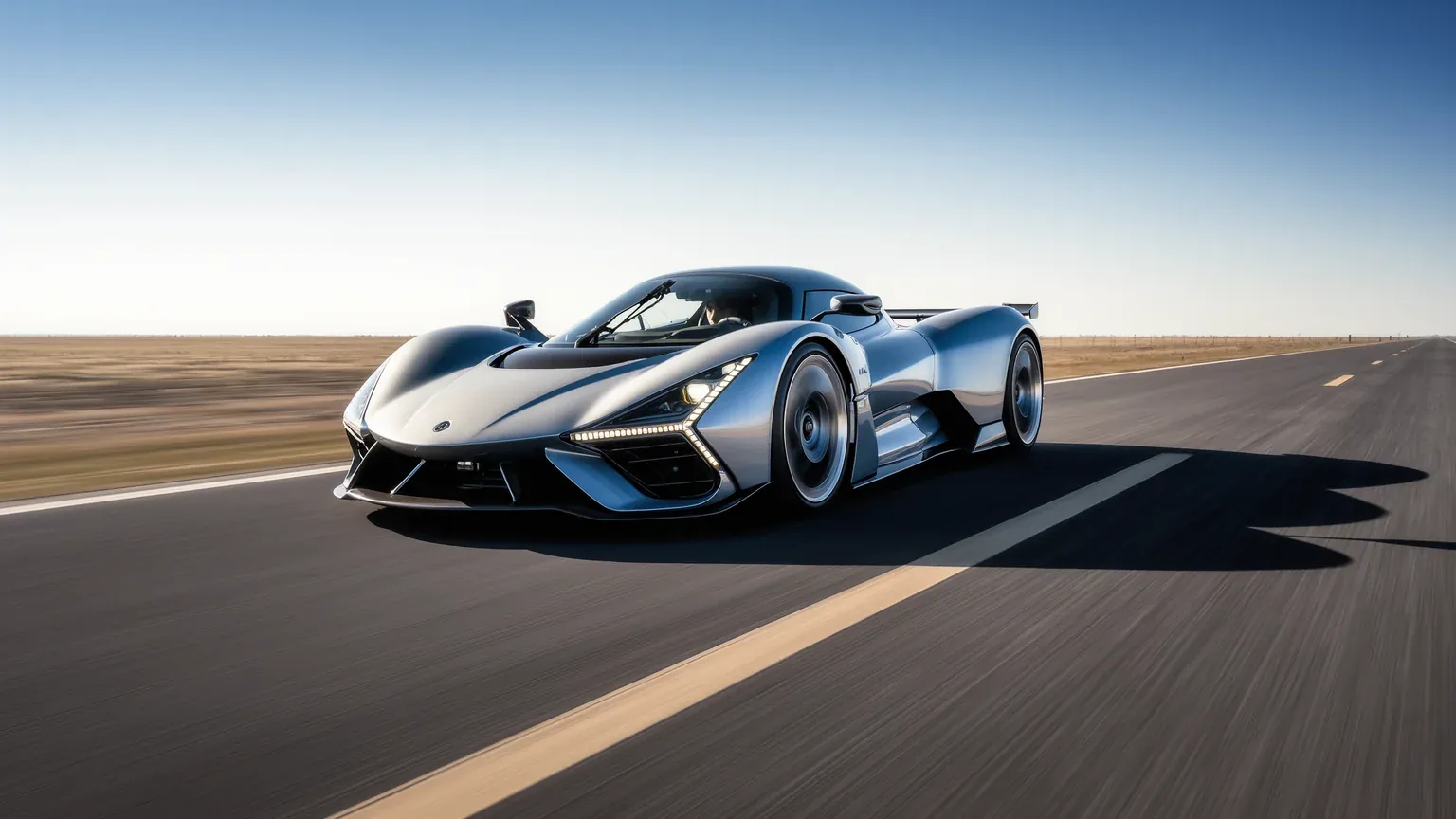 A supercar travelling along an empty road under a clear sky