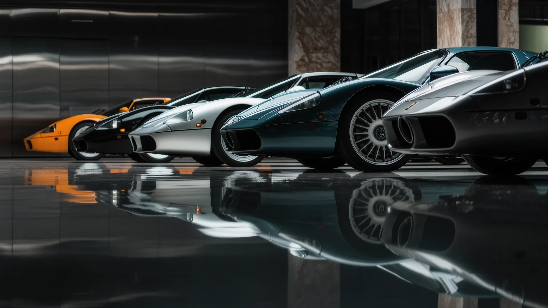 A row of expensive supercars reflected on a polished hall floor