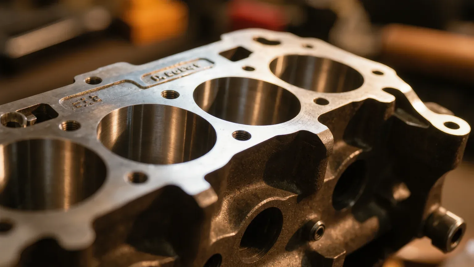 Close view of an engine block and head gasket on a workbench