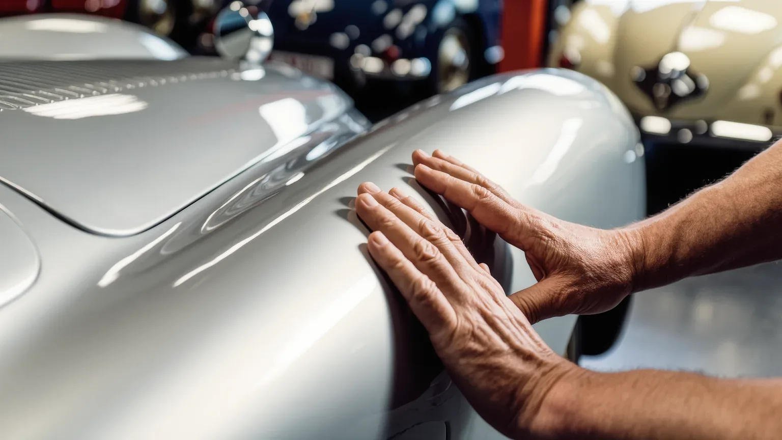 Two hands resting on the polished bodywork of a classic car