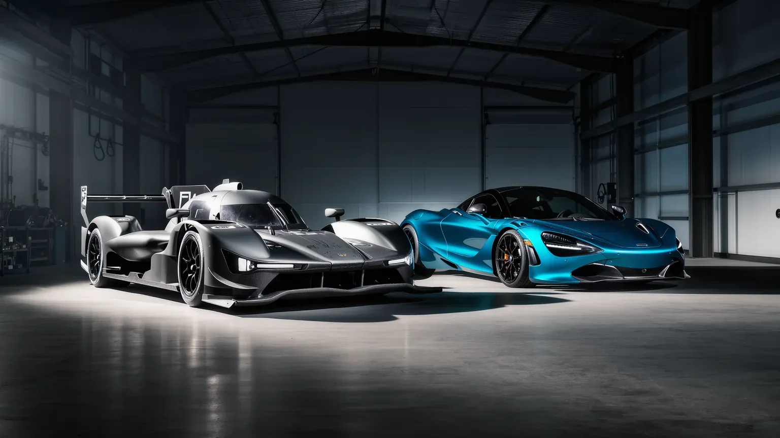 A race car and a road supercar standing side by side in a workshop