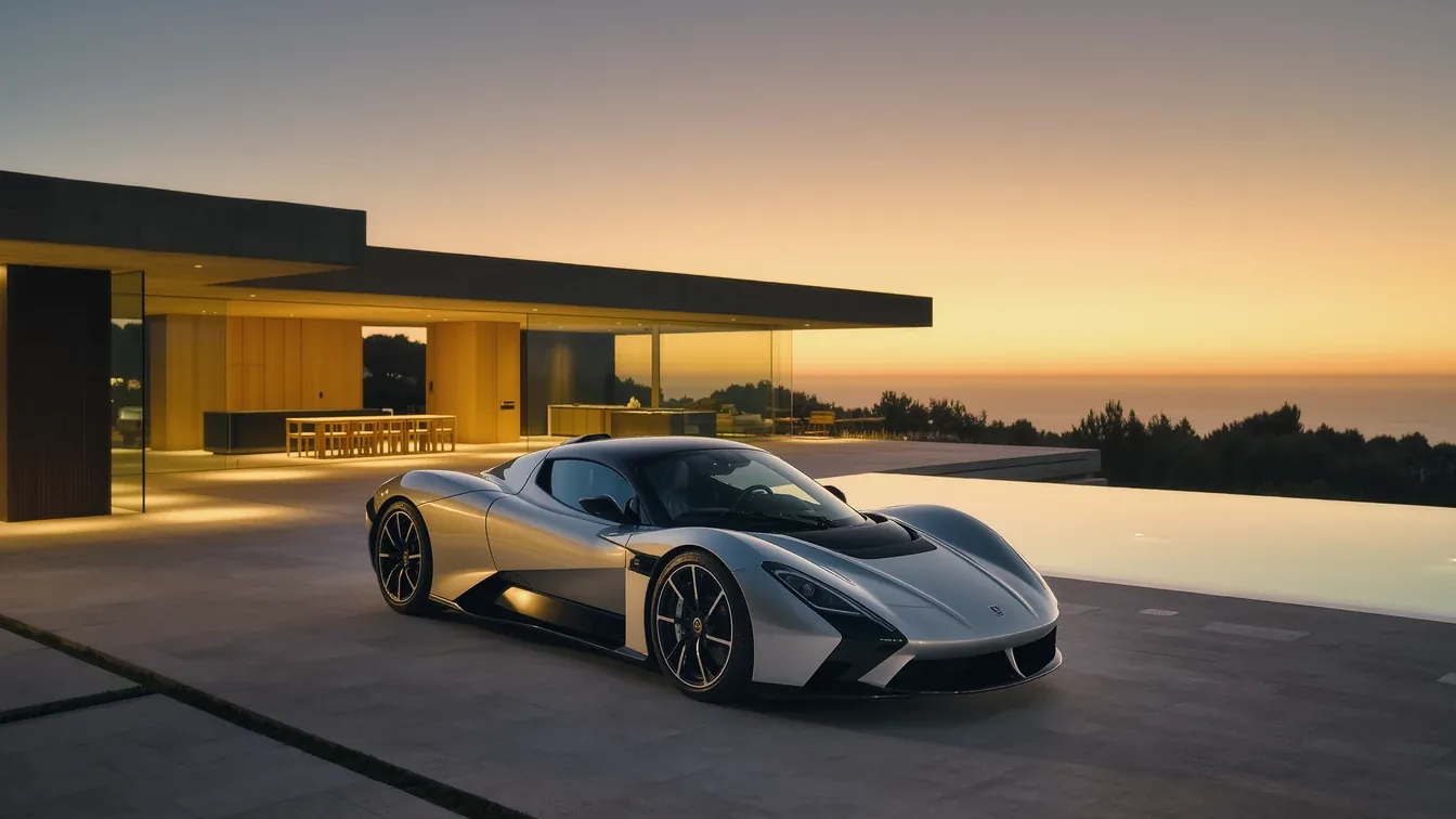 A supercar parked outside a lit modern house at sunset