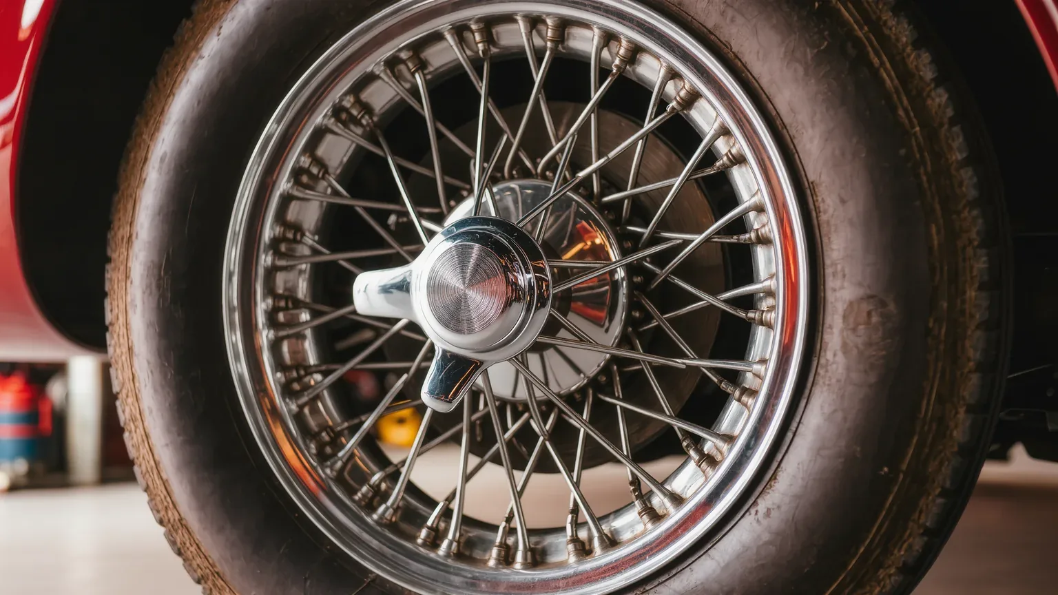 Close view of a wire spoked wheel and tyre on a classic car