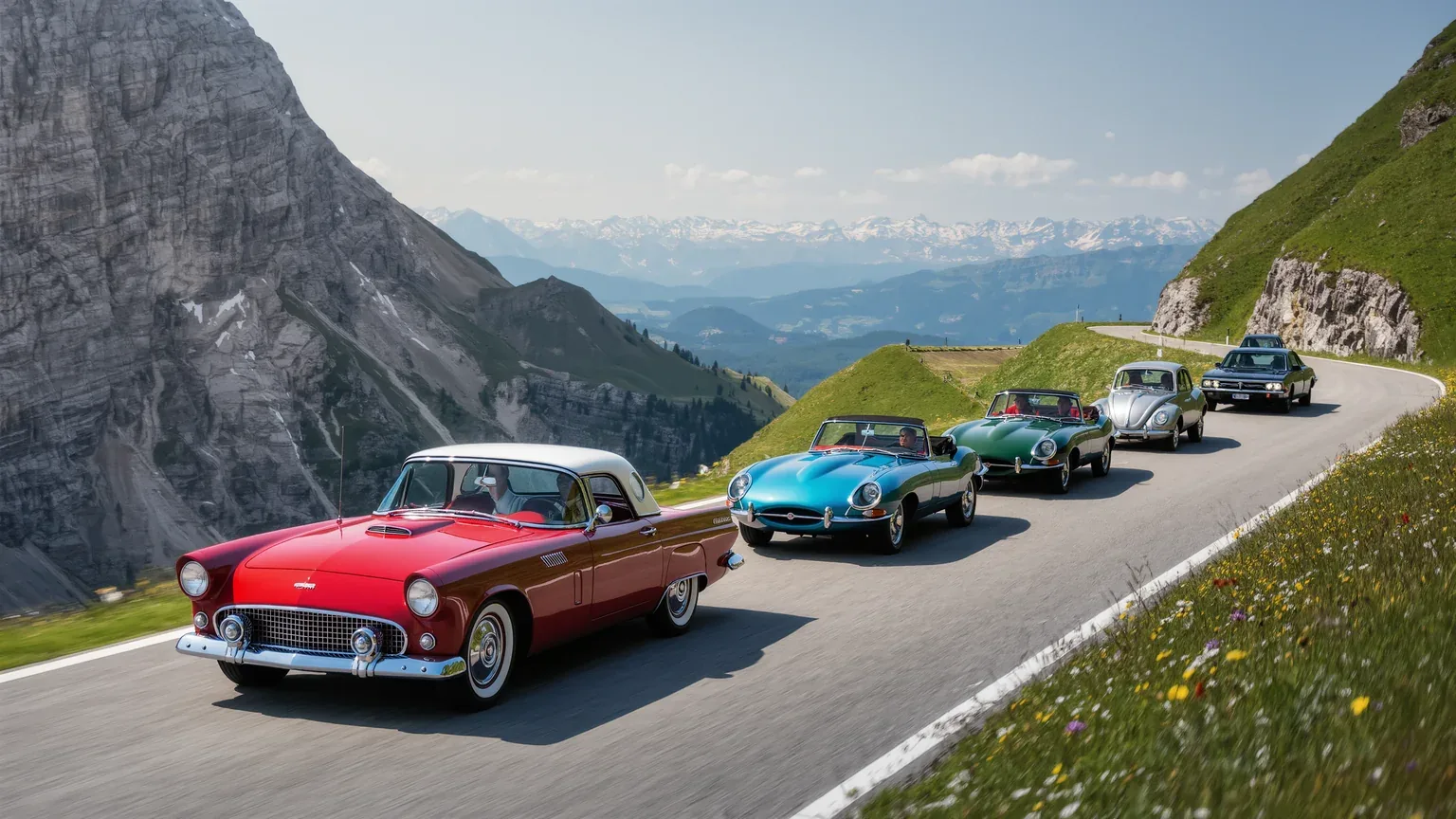A group of classic cars driving a mountain pass road in convoy