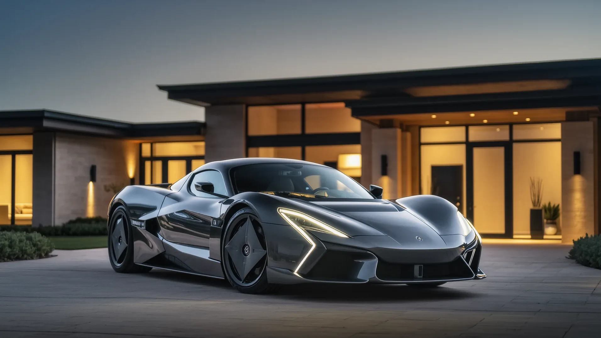 A supercar parked outside a lit house at night