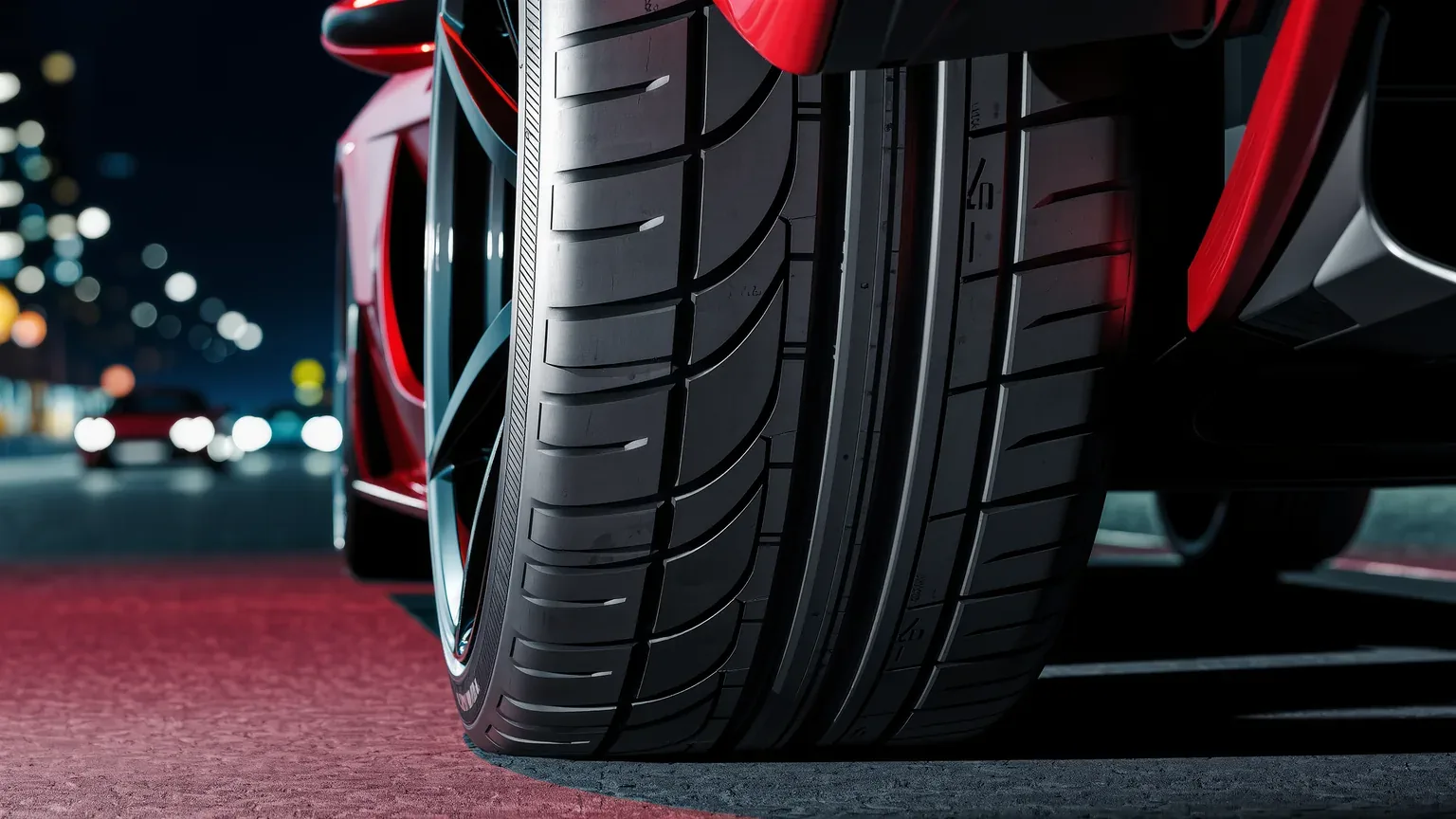 Close view of a wide tyre and wheel arch at night with city lights behind