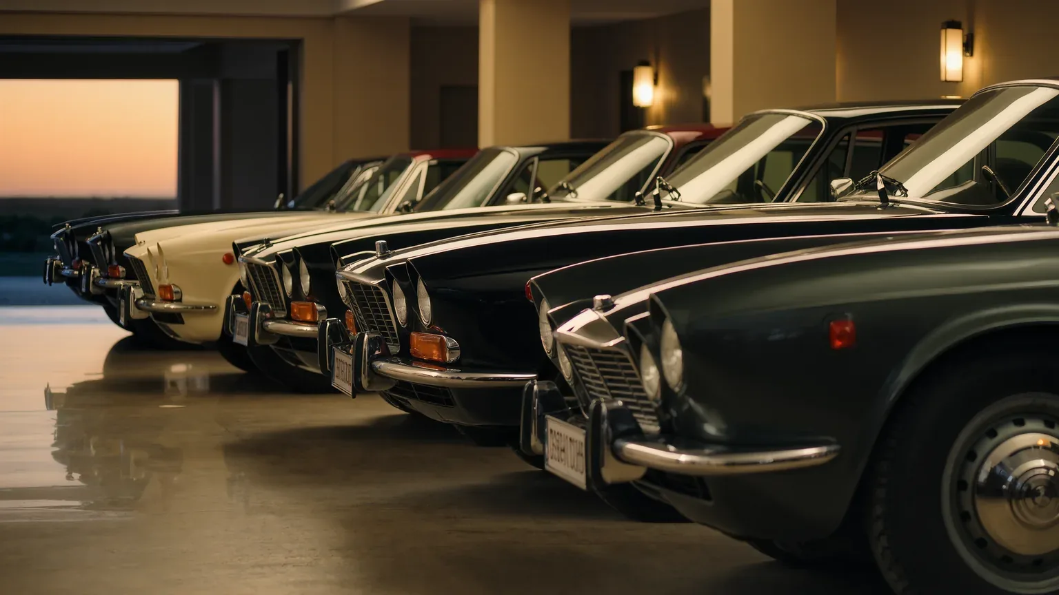 A line of classic cars parked nose to tail in a warmly lit hall