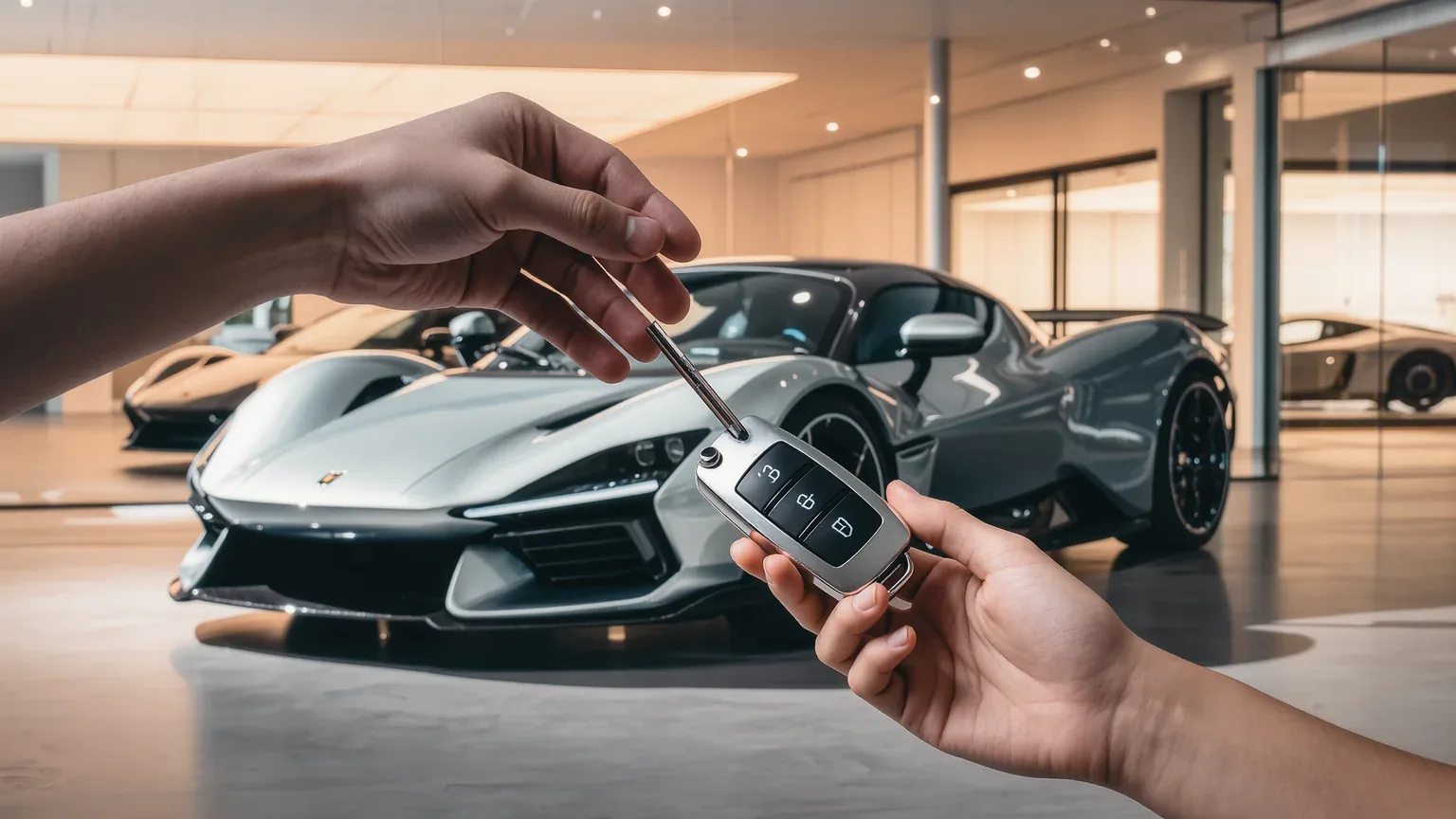 A set of car keys passing from one hand to another in a bright showroom